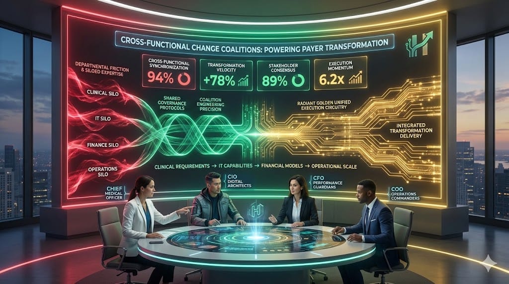 Strategic coalition command center building cross-functional change teams featuring clinical-IT-finance alignment, shared governance protocols, and transformation acceleration frameworks.