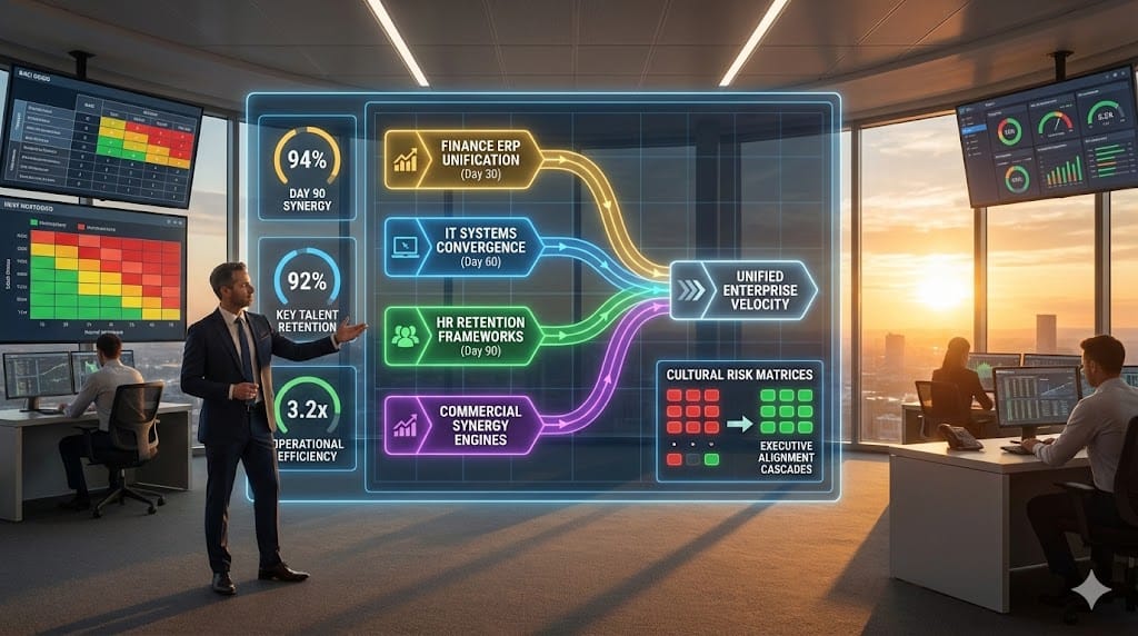 Head of M&A architecting cross-functional integration spanning finance unification, IT systems convergence, HR talent retention frameworks, and commercial synergy capture across acquired entities
