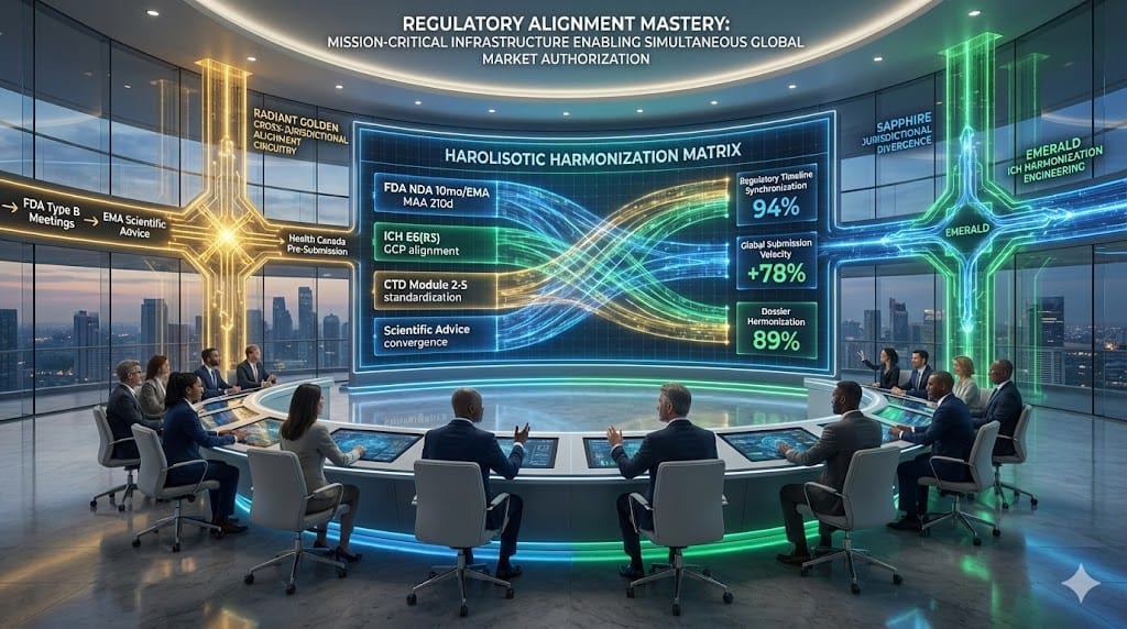 Strategic harmonization nexus aligning FDA/EMA requirements, ICH guidelines, and global trial protocols through regulatory convergence frameworks and cross-jurisdictional synchronization architectures.
