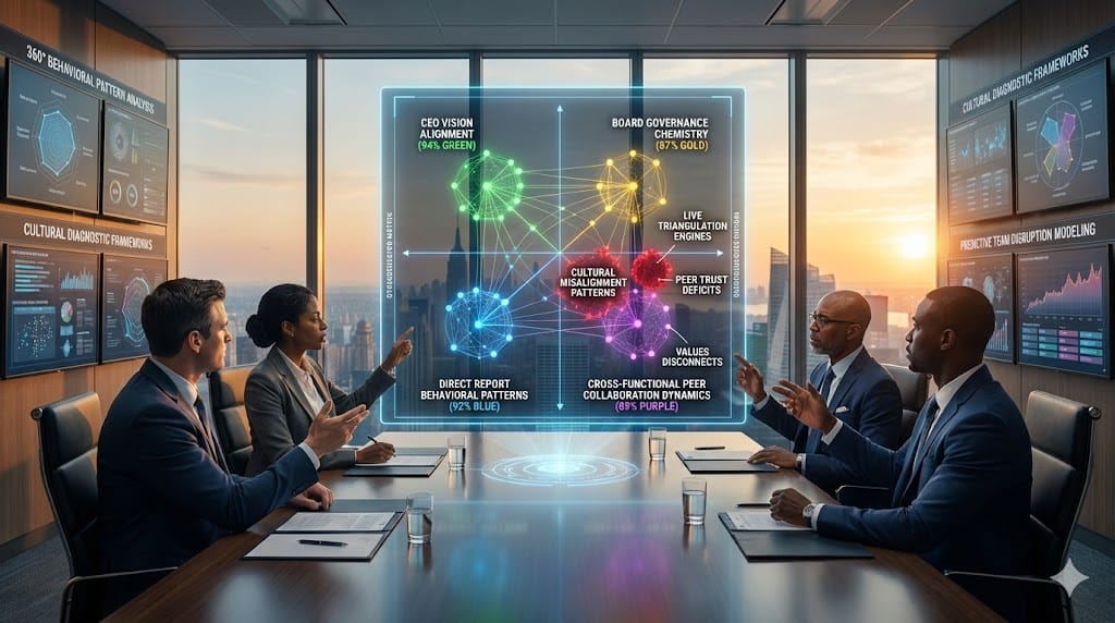 Sophisticated C-level cultural impact assessment triangulating perspectives from CEO, board members, direct reports, and cross-functional peers revealing hidden leadership fit risks missed by standard references 