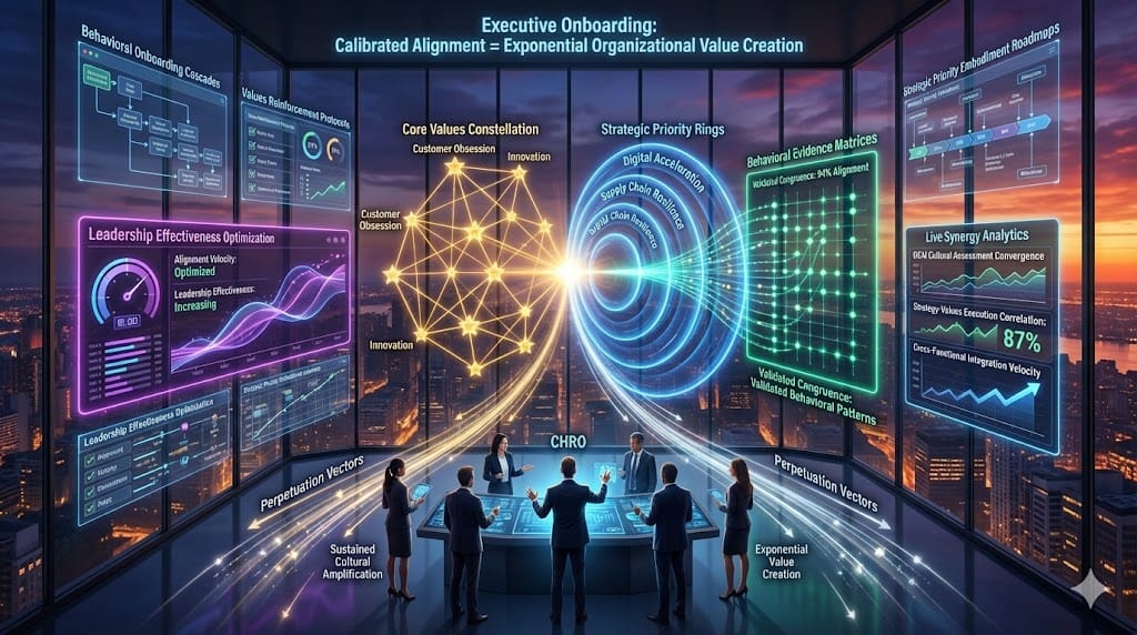  Precision cultural synergy architecture—golden core values constellation converging with blue strategic priority rings, emerald behavioral evidence matrices, purple alignment velocity dashboard calibrating 94% leadership effectiveness.