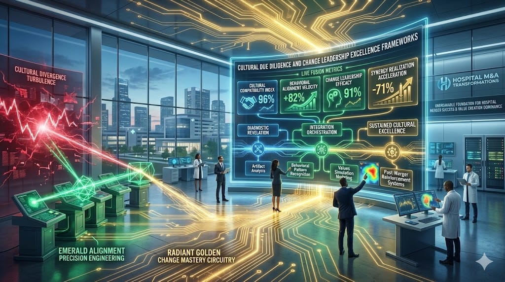 Advanced cultural fusion laboratory executing comprehensive due diligence and change leadership protocols for hospital mergers, featuring values alignment diagnostics, behavioral convergence mapping, and transformation acceleration trajectories.