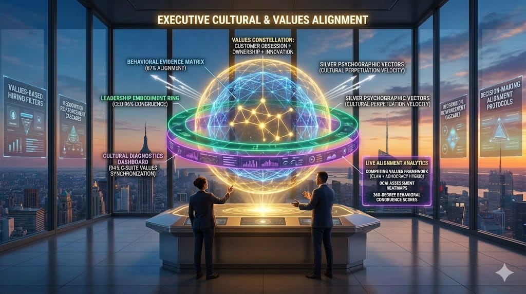 Precision cultural alignment architecture—golden core values constellation (Customer Obsession, Ownership, Innovation), blue behavioral evidence matrix (87% demonstrated vs stated), emerald leadership embodiment ring, purple cultural diagnostics dashboard measuring 94% values congruence across C-suite.
