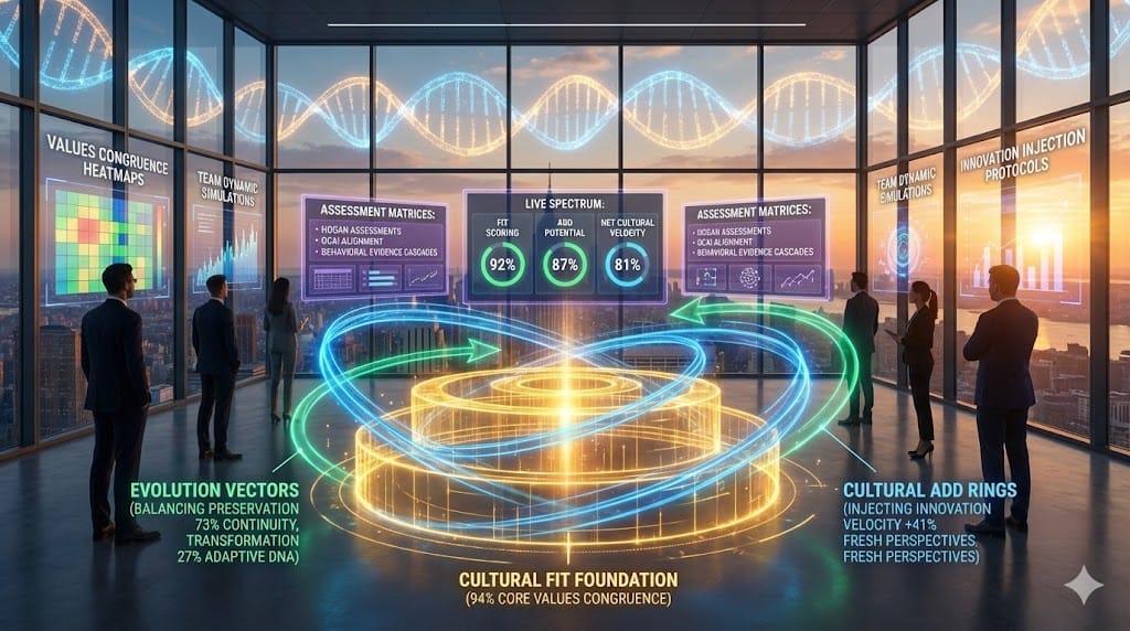 Animated cultural assessment spectrum—golden fit foundation (94% values congruence) expanding into blue cultural add rings (innovation injection +41%), emerald evolution vectors balancing preservation (73% continuity) with transformation (27% fresh DNA), revealing 87% retention optimization.