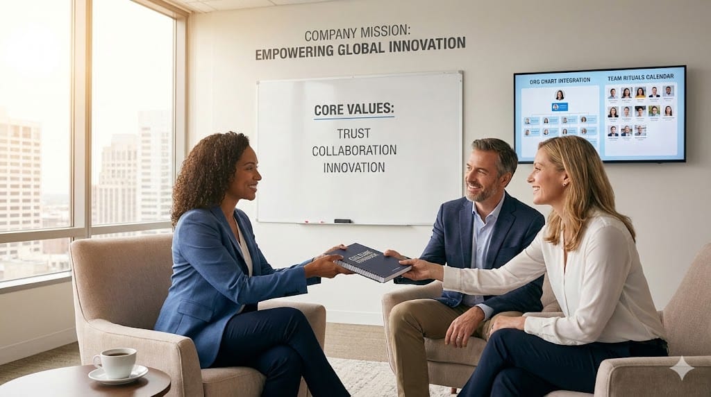 New C-suite executive immersed in structured onboarding session with culture mentors, reviewing company values and team rituals to sustain organizational culture
