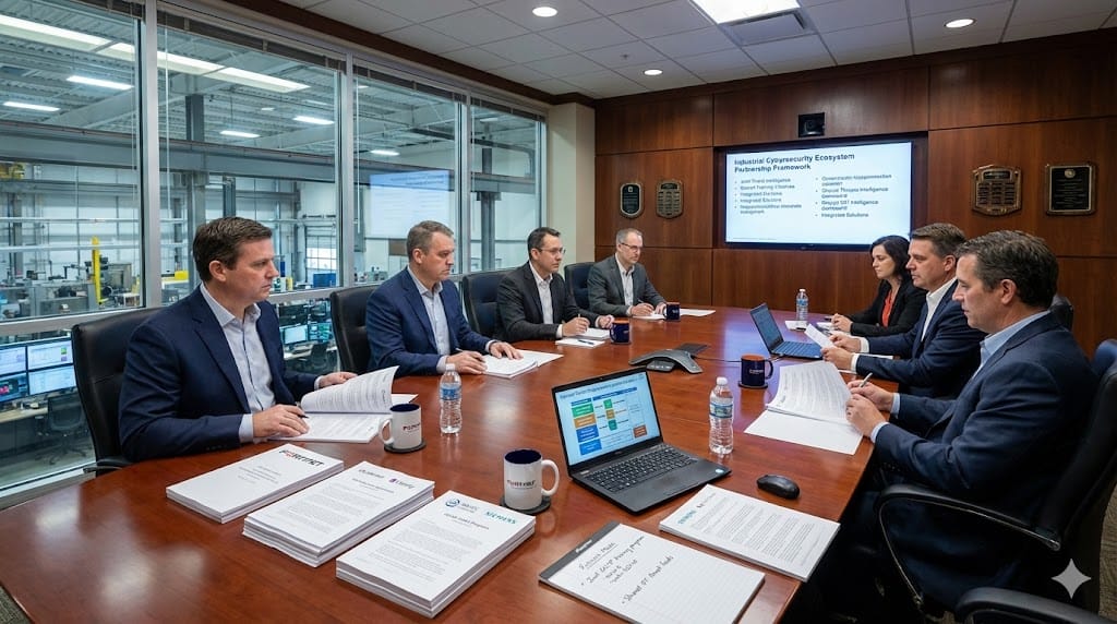 Corporate executives from manufacturing firms and cybersecurity vendors meeting in professional conference room, surrounded by branded partnership materials from ISA, ISC2, Fortinet, and Siemens discussing OT/IT convergence strategies.