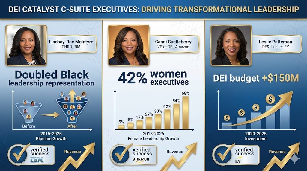 Composite profile of successful DEI catalyst executives showcasing diverse leadership backgrounds, transformation metrics, and C-suite impact stories