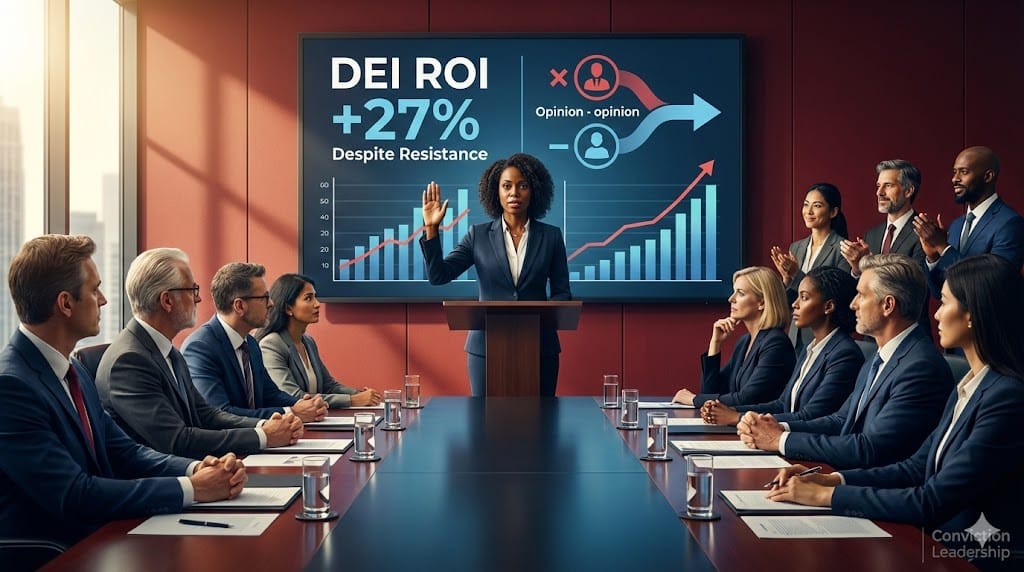 Resolute C-suite leader confidently championing DEI principles amidst pushback, standing firm with diverse executive team support in modern boardroom setting