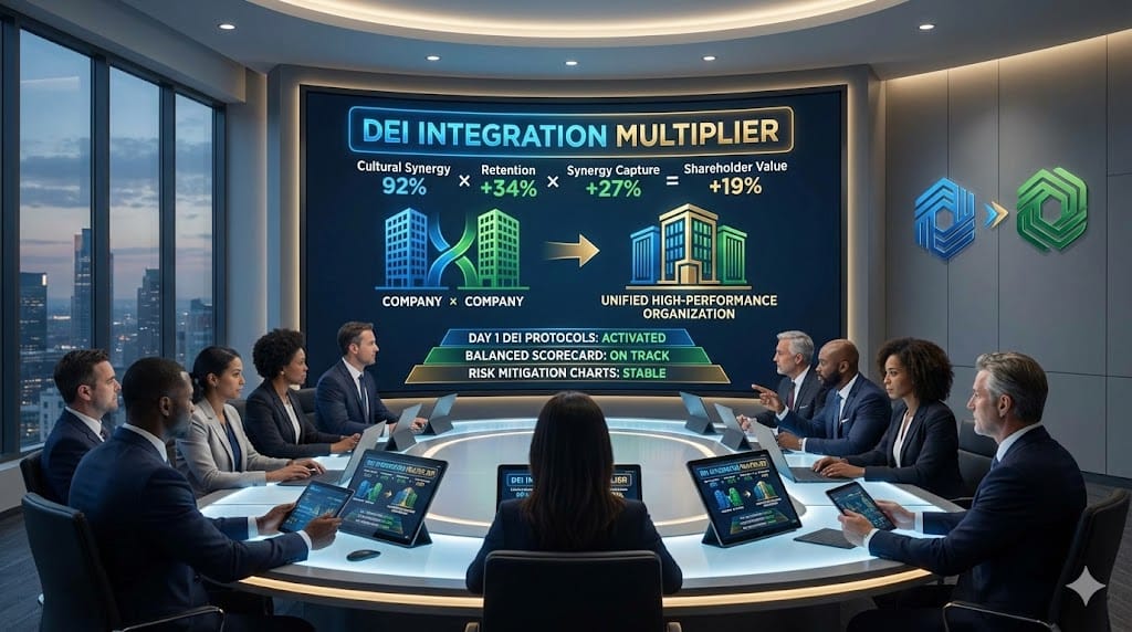 Strategic C-suite dashboard positioning DEI as core driver of M&A success, showing cultural synergy, talent retention, and value creation metrics from inclusive integration