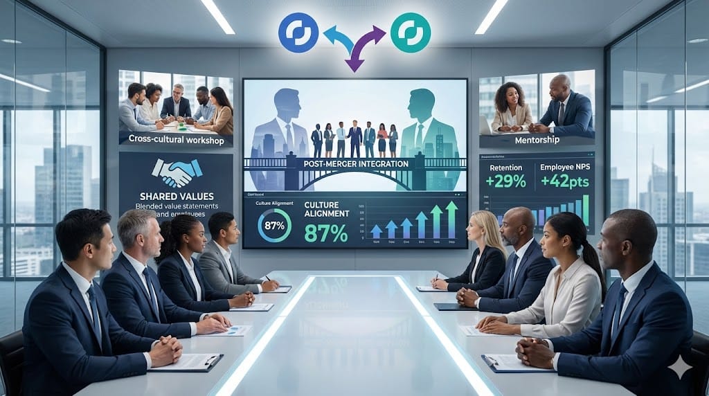 Executive leaders facilitating DEI-driven cultural integration post-merger, bridging two organizational cultures through inclusive leadership strategies