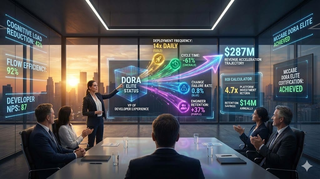 Executive dashboard proving VP DX ROI through DORA elite metrics—deployment frequency 14x daily, cycle time -61%, change failure rate 0.8%, retention +37%—delivering $287M revenue acceleration from developer velocity investments 