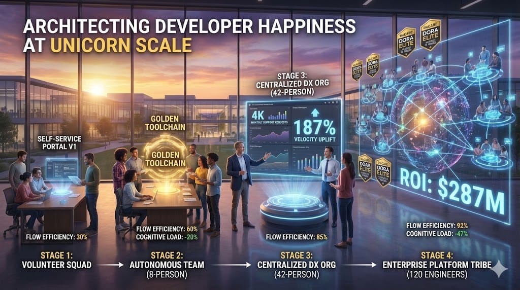 VP Developer Experience scaling high-performance teams from 8-person autonomous squads to 120-engineer platform organizations maintaining DORA elite velocity, 92% retention, and cross-functional DX ownership 
