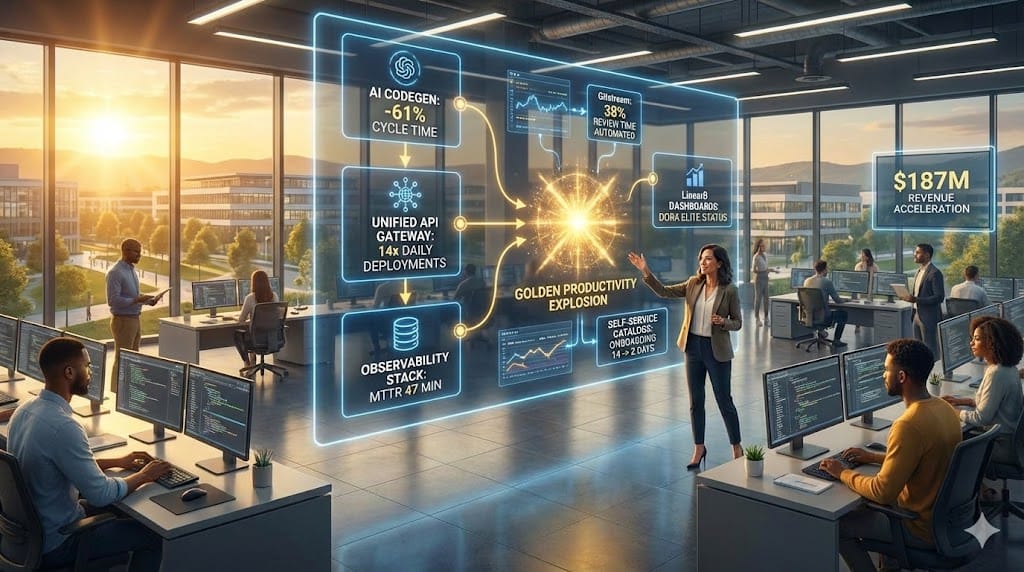 VP Developer Experience deploying AI-powered tools, unified APIs, and optimized workflows accelerating engineering velocity 3.7x through automated pipelines, observability platforms, and self-service catalogs