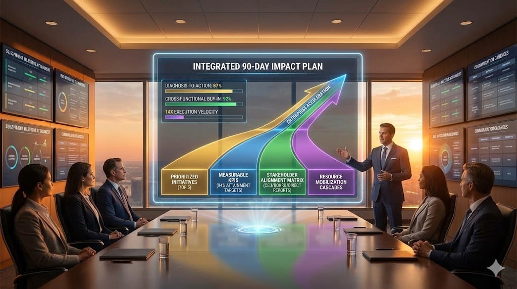 New executive presenting integrated 90-day impact plan on Day 100—prioritized initiatives, measurable KPIs, stakeholder alignment matrix, resource requirements—accelerating from diagnosis to enterprise transformation execution