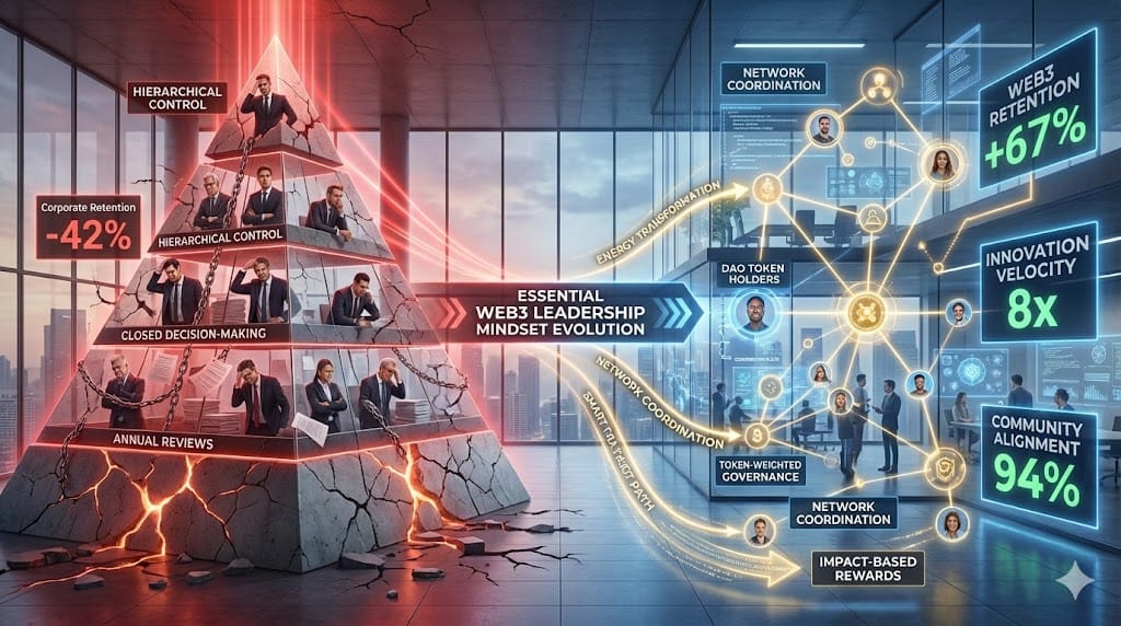 Split visualization contrasting rigid corporate hierarchies with fluid decentralized Web3 mindsets, showing DAO governance networks dissolving traditional org charts into community-driven leadership models.