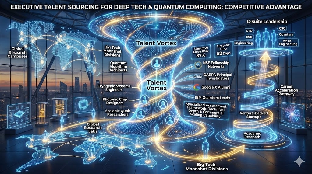 Strategic talent acquisition network connecting elite quantum physicists, PhD researchers, and C-suite deep tech executives to high-growth startups through specialized recruitment channels and ecosystem partnerships.