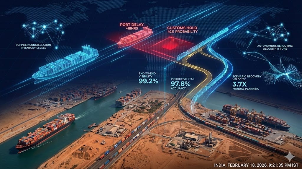 Virtual supply network mirroring physical reality—digital twin overlay reveals real-time disruptions, predictive rerouting flows, and synchronized global logistics achieving 99.2% visibility across 247 nodes.