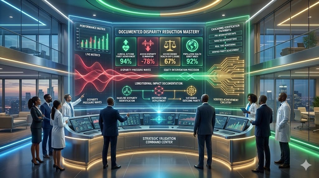 Executive performance validation dashboard documenting proven track records in disparity reduction through clinical outcome parity achievement, access equity acceleration, and measurable health equity realization.