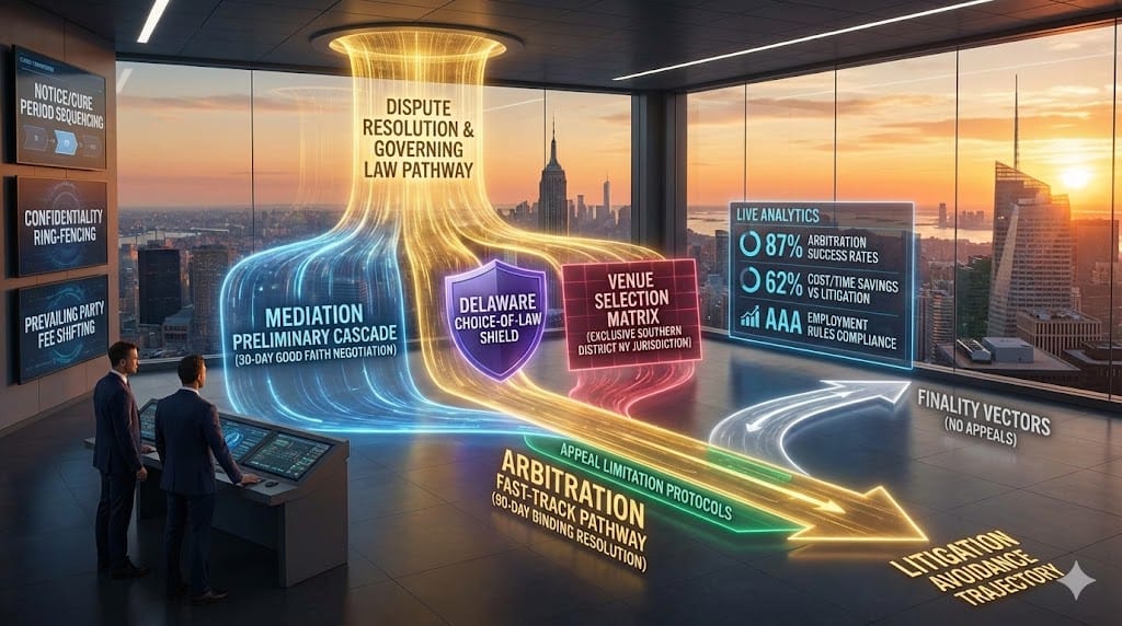 Executive dispute resolution architecture—golden arbitration fast-track pathway (90-day resolution), blue mediation preliminary cascade, purple Delaware choice-of-law shield, crimson venue selection matrix (exclusive Southern District NY jurisdiction), silver appeal limitations ensuring finality.
