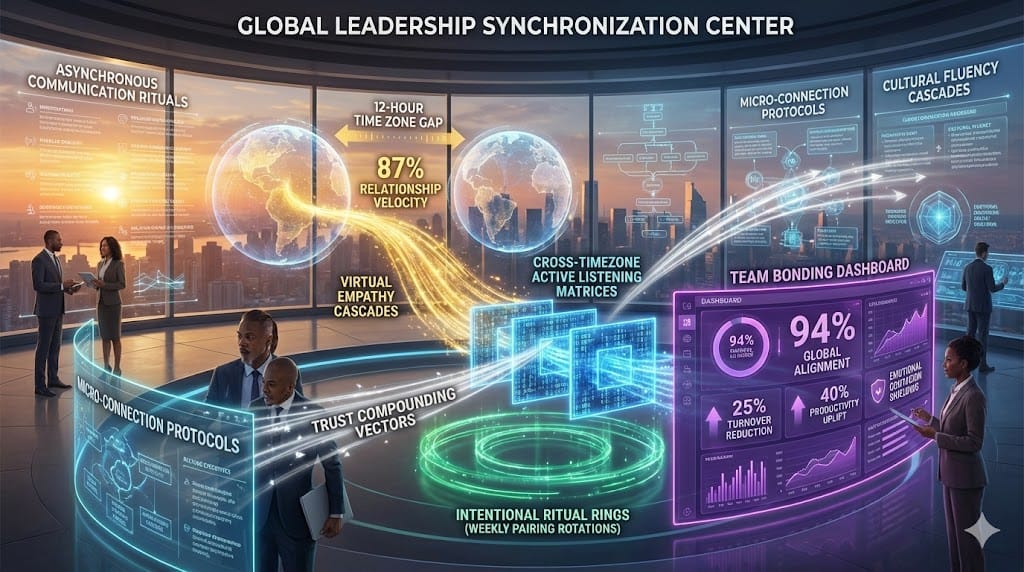 Strategic social skills architecture for distributed cohesion—golden virtual empathy cascades (87% relationship velocity), blue cross-timezone listening matrices, emerald intentional ritual rings, purple team bonding dashboard ensuring 94% global alignment.