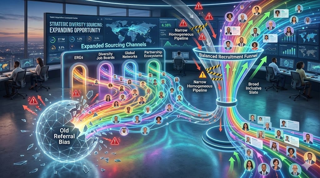 Visual representation breaking homogeneous referral networks, showing expanded diverse talent pipelines converging from global sources into equitable executive candidate pool.