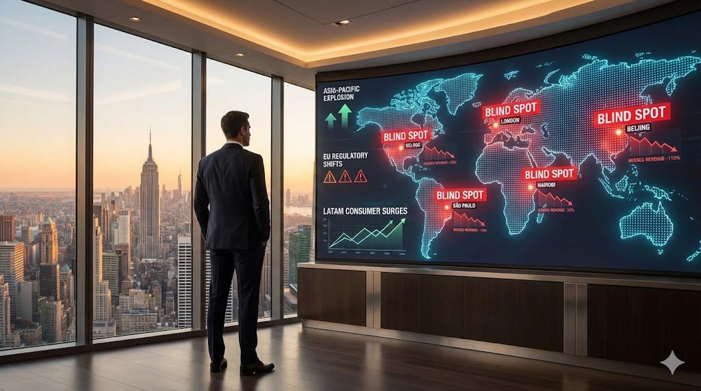 Confident US executive in a modern office overlooking a world map with red "blind spot" warning zones highlighting overlooked international markets in Asia, Europe, and LATAM, symbolizing limitations of domestically trained leadership. 