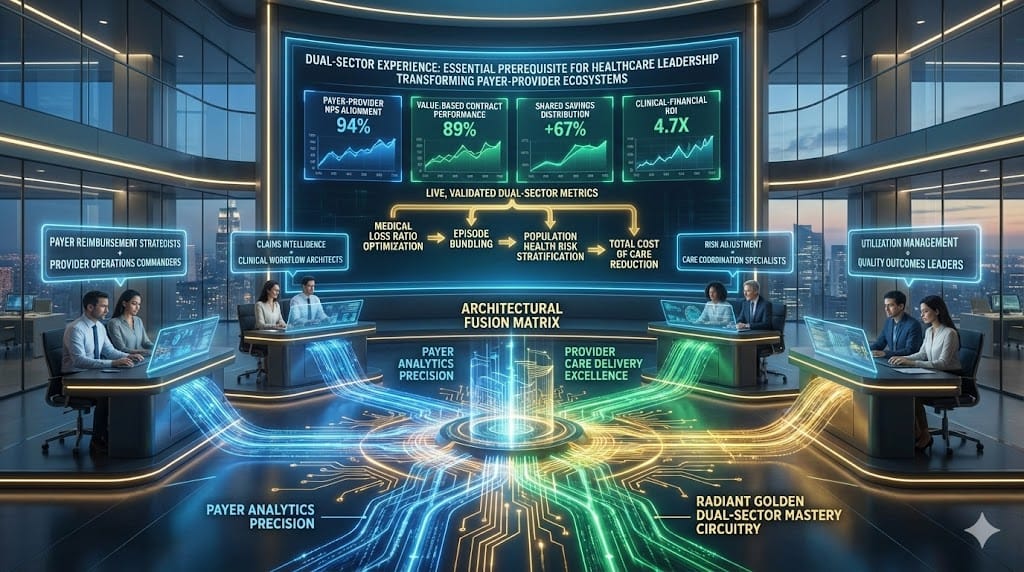Dual-sector leadership nexus identifying executives with proven payer-provider experience bridging reimbursement intelligence with clinical delivery excellence through value-based care architecture and shared risk mastery.