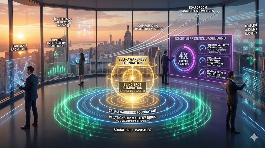 Strategic EQ development architecture for C-suite acceleration—golden self-awareness foundation (94% decision clarity), blue relationship mastery rings (+73% influence velocity), emerald social skill cascades, purple executive presence dashboard ensuring 4x career trajectory advantage.