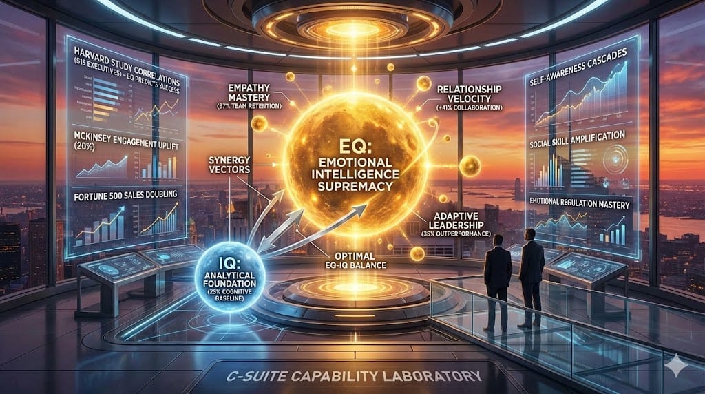 Executive success architecture—dominant golden EQ orb (90% impact: empathy mastery, relationship velocity) eclipsing blue IQ sphere (25%: analytical foundation), radiating leadership metrics (87% retention, 35% outperformance).