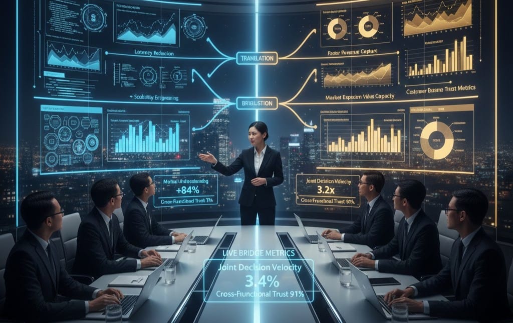 Tech leader constructing cultural bridge between engineering precision mindset and commercial growth focus, uniting code efficiency with revenue acceleration through shared strategic vocabulary.