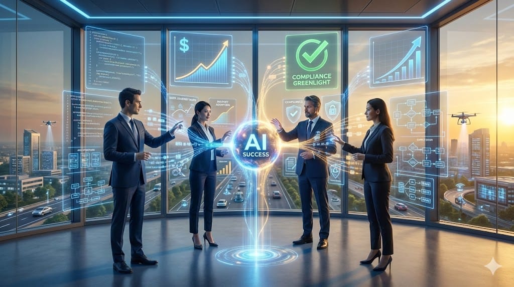Diverse C-suite leaders from engineering, product, legal, and operations converging around unified AI strategy hub with synchronized data flows and shared success metrics