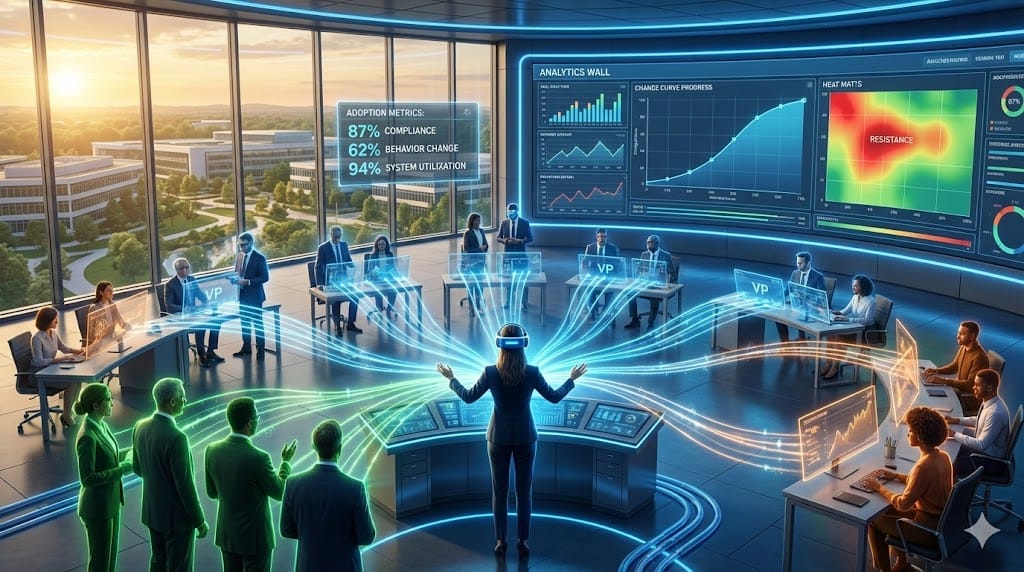 C-suite change leader orchestrating enterprise-wide adoption through cascading alignment waves, from executive commitment to frontline execution across diverse business units