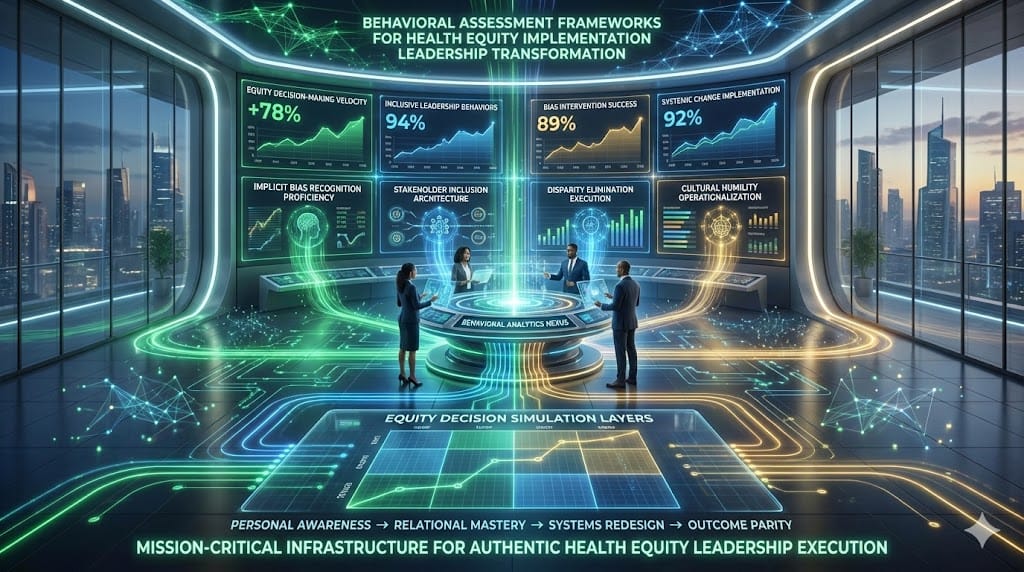 Precision behavioral assessment command center evaluating executive equity implementation capabilities through bias recognition protocols, stakeholder inclusion mastery, and disparity elimination execution.