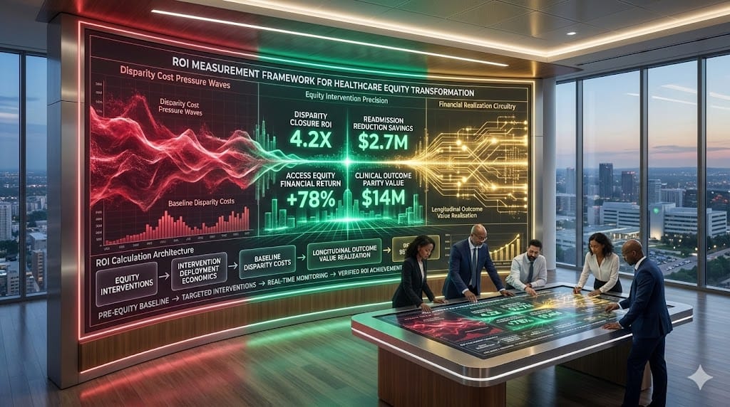 Strategic analytics nexus quantifying clinical and financial ROI from health equity investments through disparity closure metrics, cost reduction trajectories, and outcome parity achievement dashboards.