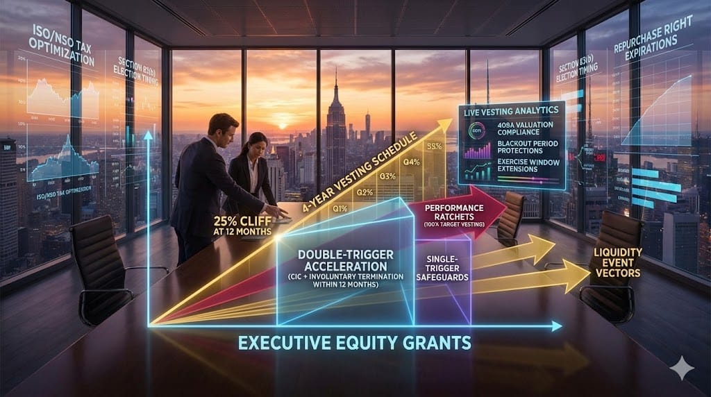 Executive equity architecture—golden 4-year vesting cliff trajectory (25% year 1), blue double-trigger acceleration zones (CIC + termination), purple single-trigger safeguards, performance ratchets ensuring 100% target vesting upon strategic exits.