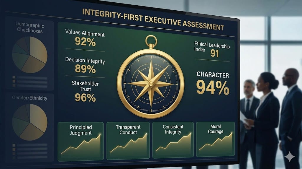 Advanced executive assessment dashboard prioritizing ethical integrity metrics over demographics, featuring character compass, values alignment scores, and behavioral integrity gauges.