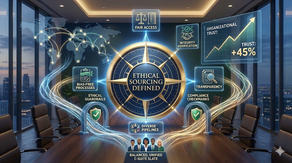 Conceptual visualization defining ethical sourcing in executive recruitment as fair, transparent talent pipelines with integrity checkpoints and diverse leadership pathways.