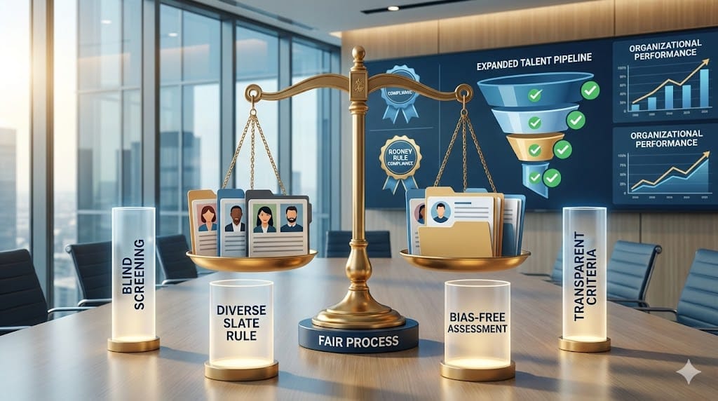 Ethical executive recruitment process showing equitable candidate slate construction with diverse profiles balanced on scales of fairness and transparency