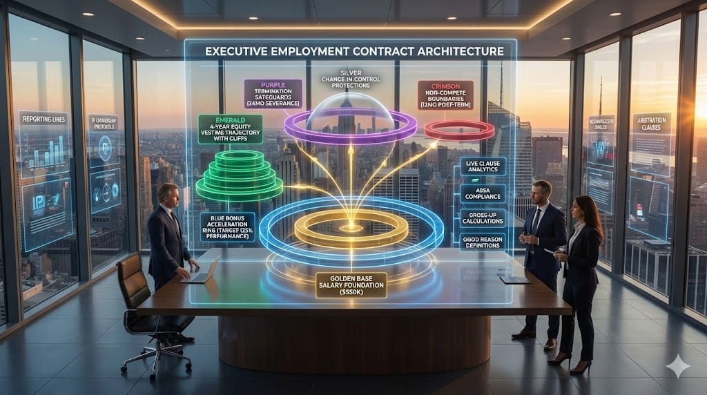 Strategic executive contract architecture—base salary foundation, golden bonus acceleration ring, equity vesting trajectory, termination safeguards, non-compete boundaries, CIC golden parachute protections enabling modern leader risk mitigation.