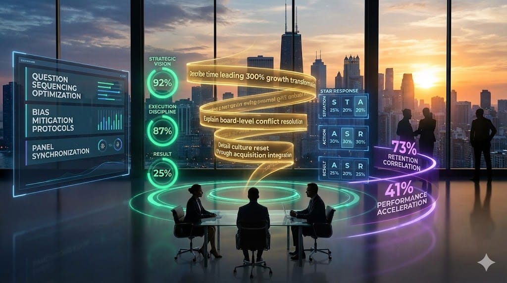 Dynamic executive interview mastery dashboard—golden behavioral question cascade ("Tell me about leading through M&A integration"), blue STAR response analysis matrix, emerald leadership competency validation, animated question flow revealing 87% predictive accuracy for retention success.
