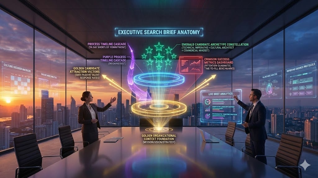 Precision-engineered executive search brief architecture—golden organizational context foundation, blue role success imperatives ring, emerald candidate archetype constellation, purple process timeline cascade, crimson success metrics dashboard enabling 47% faster placement velocity.