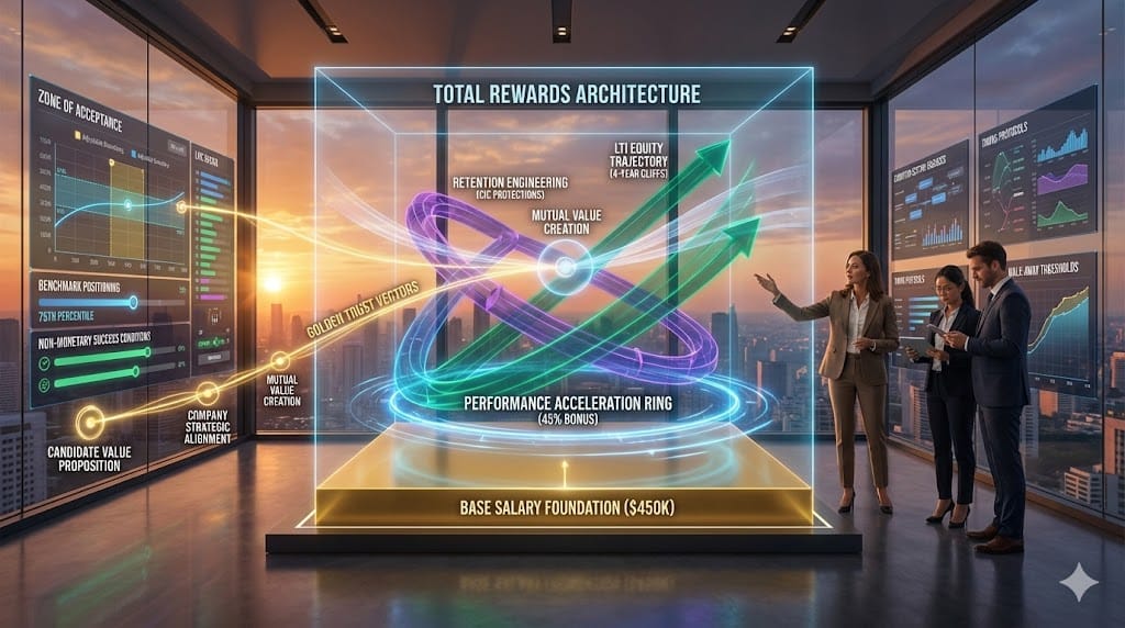  Strategic negotiation framework visualizing total executive compensation package—base salary stability, performance incentives, long-term equity cliffs, retention protections, and success conditions—presented as integrated value proposition