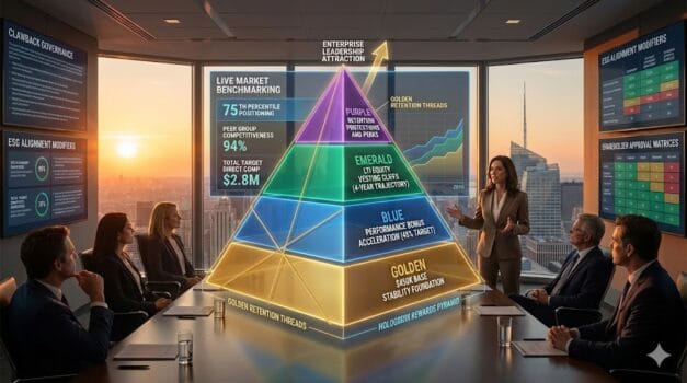 Multi-layered executive compensation architecture balancing $450K base stability, performance bonus acceleration, LTI equity vesting cliffs, and retention protections creating irresistible total rewards for scarce leadership talent