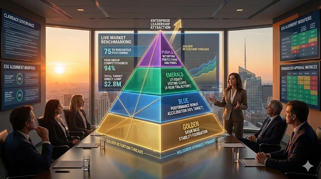 Multi-layered executive compensation architecture balancing $450K base stability, performance bonus acceleration, LTI equity vesting cliffs, and retention protections creating irresistible total rewards for scarce leadership talent