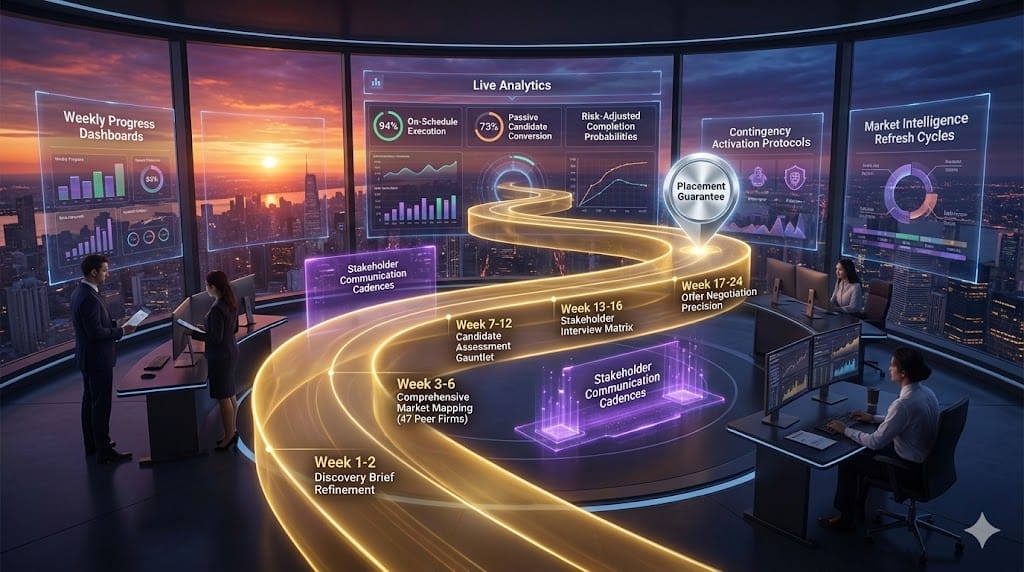 Precision executive search timeline architecture—golden discovery phase (Week 1-2), blue market mapping cascade (Week 3-6), emerald assessment rings (Week 7-12), purple stakeholder interview matrix (Week 13-16), crimson offer negotiation trajectory (Week 17-24) ensuring board-aligned 94% placement success.