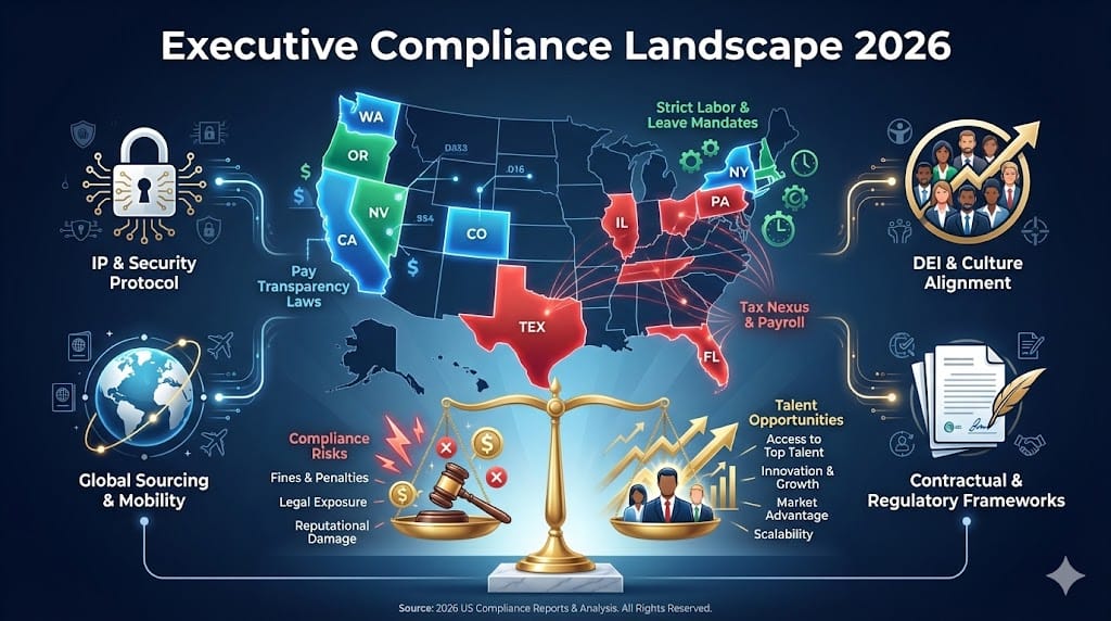  800x450 landscape infographic showing US compliance landscape for remote executive hiring: state map with color-coded compliance zones (pay transparency in blue, tax nexus in red, labor laws in green), interconnected icons for IP protection, DEI mandates, cybersecurity, and global talent sourcing, central balanced scale weighing risks vs opportunities.