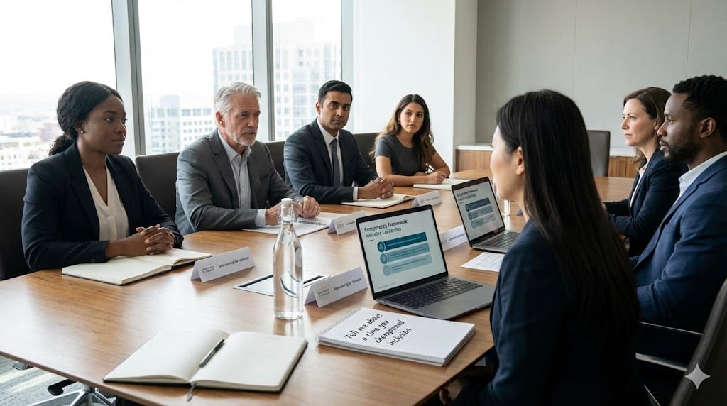 Diverse executive candidates engaged in behavioral interviews with inclusive leadership panel, representing varied backgrounds and thoughtful dialogue