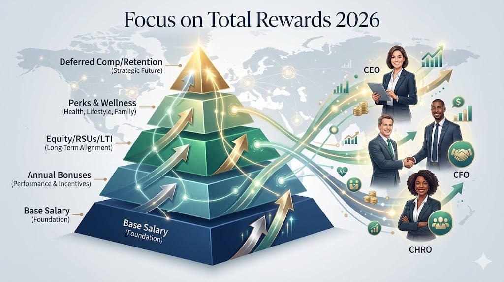 800x450 landscape infographic illustrating total rewards pyramid for executives: base salary at foundation rising through annual bonuses, long-term equity incentives, wellness perks, and deferred compensation at apex, with interconnected reward components flowing into diverse C-suite silhouettes against modern corporate backdrop.