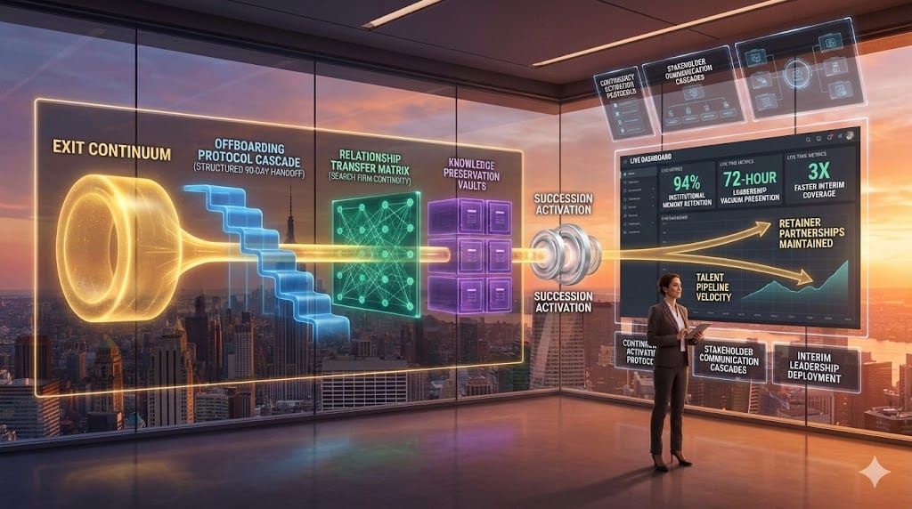 Seamless executive exit continuum—golden offboarding protocol cascade, blue relationship transfer matrix, green knowledge continuity vectors preserving 94% institutional memory while activating pre-mapped succession pipelines and retainer relationships