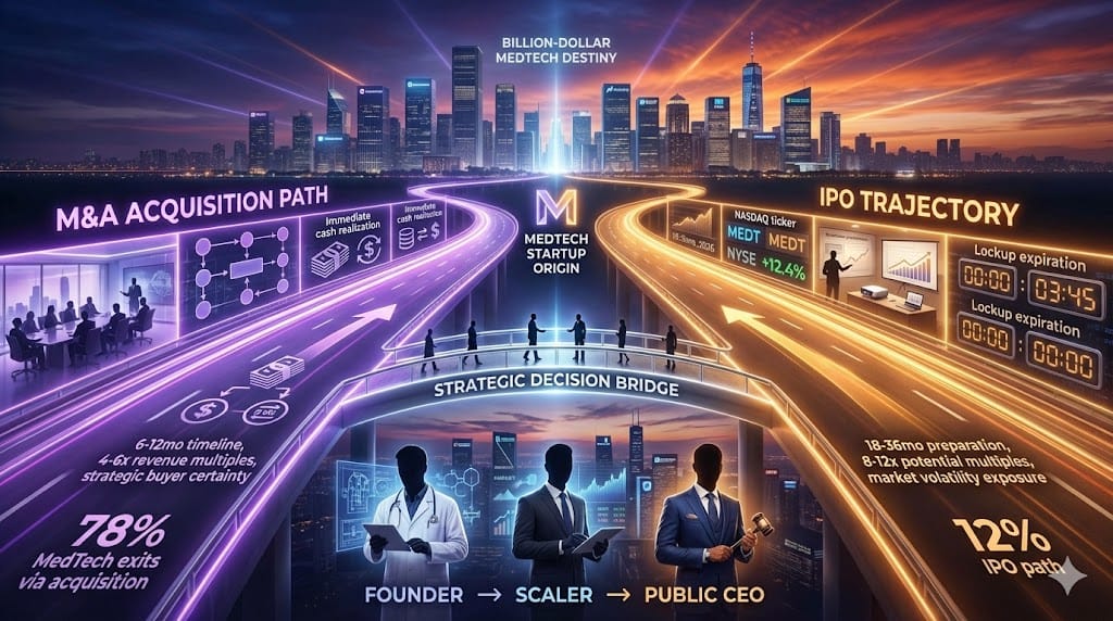 Strategic fork in MedTech leadership road—M&A immediate liquidity path versus IPO long-term public market journey with divergent leadership requirements and risk profiles.
